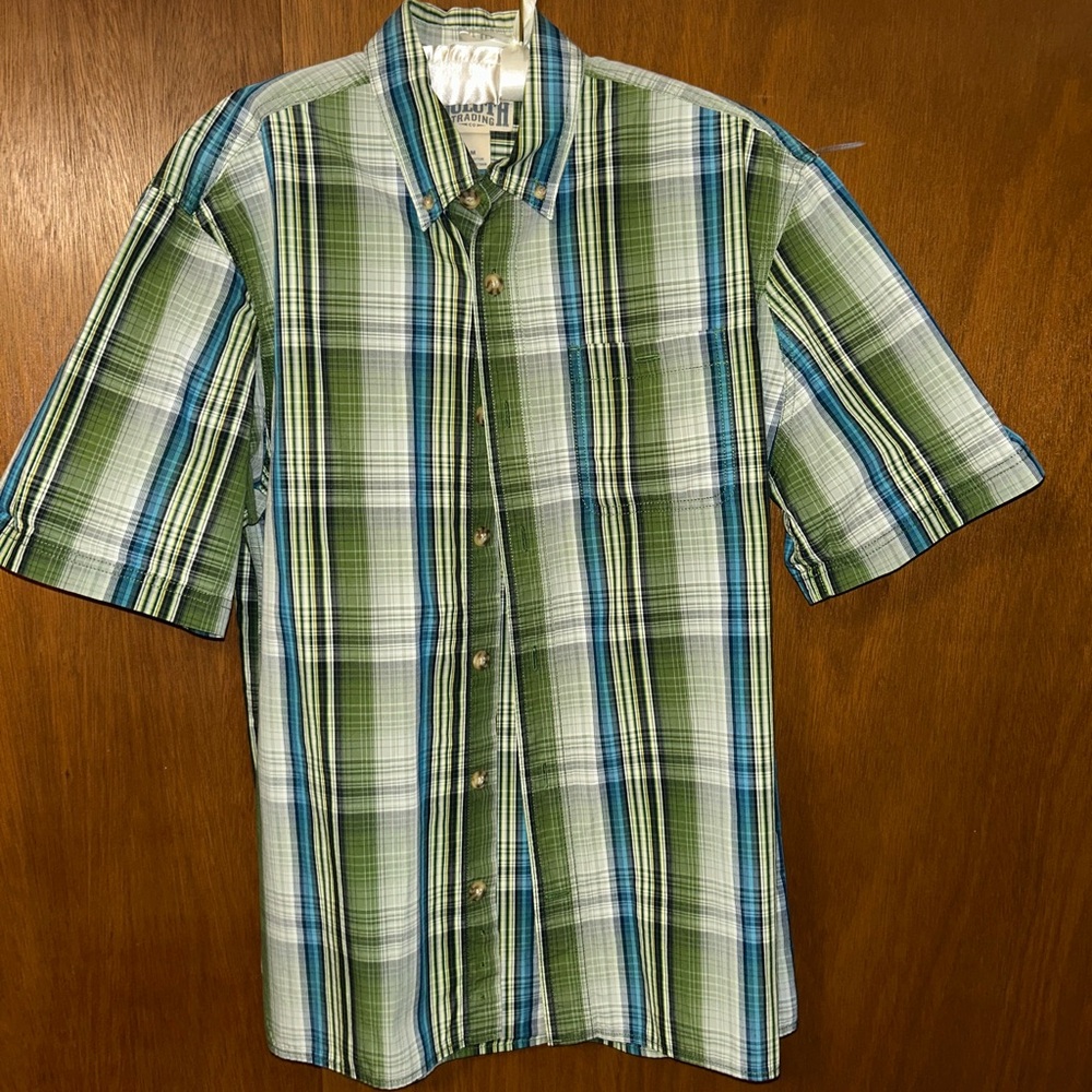Duluth Trading Co Green and Blue Plaid Casual Shirt